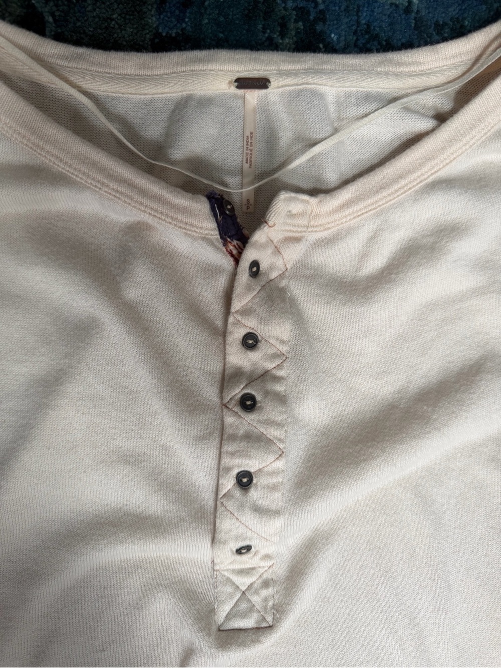 Free People Cream Henley Top with Rust and Maroon Patchwork Sleeves - Picture 3 of 12